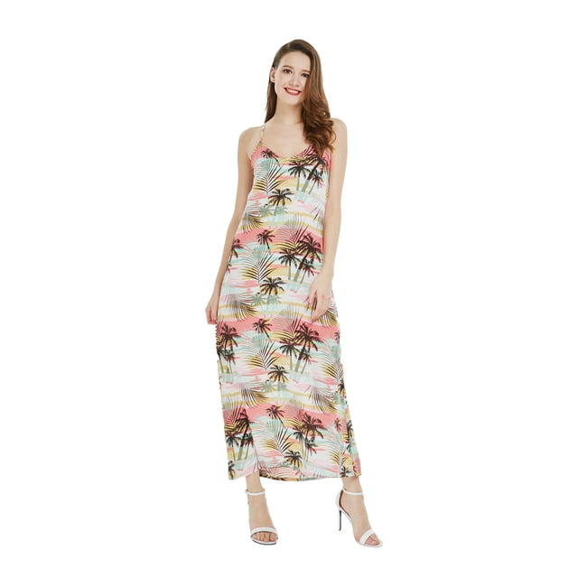 Robe Maxi à Imprimé Floral Hawaïen Luau pour Femme, Encolure Cœur, m Pastel Coucher de Soleil Néon