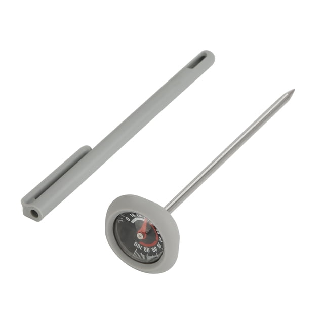 Mainstays Thermomètre à Lecture Instantanée avec Sonde en Acier Inoxydable et Manchon Protecteur Gris, Doté d'Un Cadran Analogique avec Fond Noir, Chiffres Blancs et Aiguille Rouge pour des Lectures de Température Rapides de 0 °F à 220 °F, Convient à la Cuisson de Viandes et de Liquides en Cuisine.