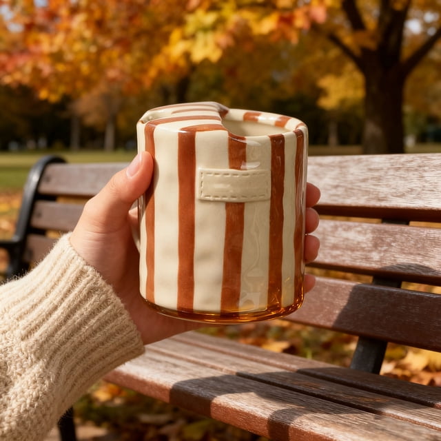 Hand Painted Striped Ceramic Coffee Mug 10oz Retro Art Porcelain Cup For Coffee Tea Heat Non Mug For Home Kitchen Dining Valentine’s Day & Holidays