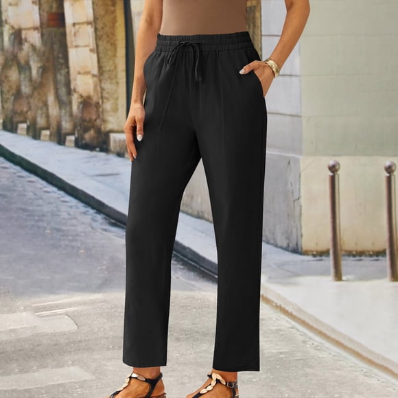 Nfurl Women's Casual Linen Cropped Pants Drawstring Elastic Waist Trousers with Pockets Slim Fit Petite Straight Leg Pants Summer Beach Pant Black M