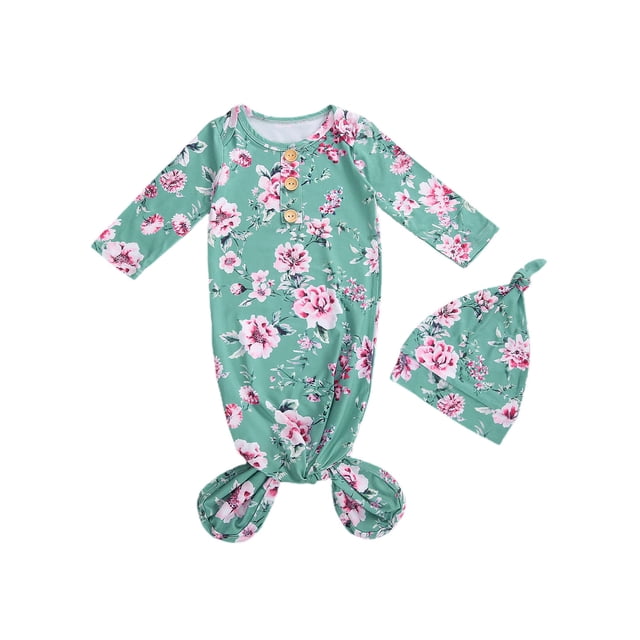 Xingqing 2PCS Newborn Infant Baby O-Neck Floral Cartoon Print Sleeping Pocket Round Hat
