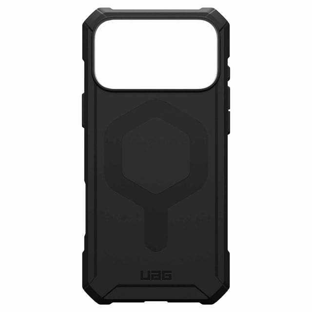UAG Essential Armor MagSafe Rugged Case Black for iPhone 17 Pro Max, front-facing black rugged phone case with enhanced corner protection, raised camera bezel, inner hex pattern for shock absorption, oversized tactile buttons, and built-in MagSafe magnet for wireless charging compatibility.
