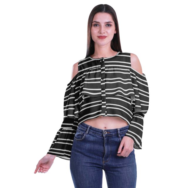 Moomaya Printed Casual Long Sleeve Tops Women Cold Shoulder Ruffle Sleeves Top