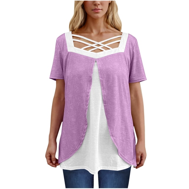 Timegard Hauts d'Été pour Femmes Grande Taille Col Carré Croisé Manches Courtes Décontracté Confortable Blouse