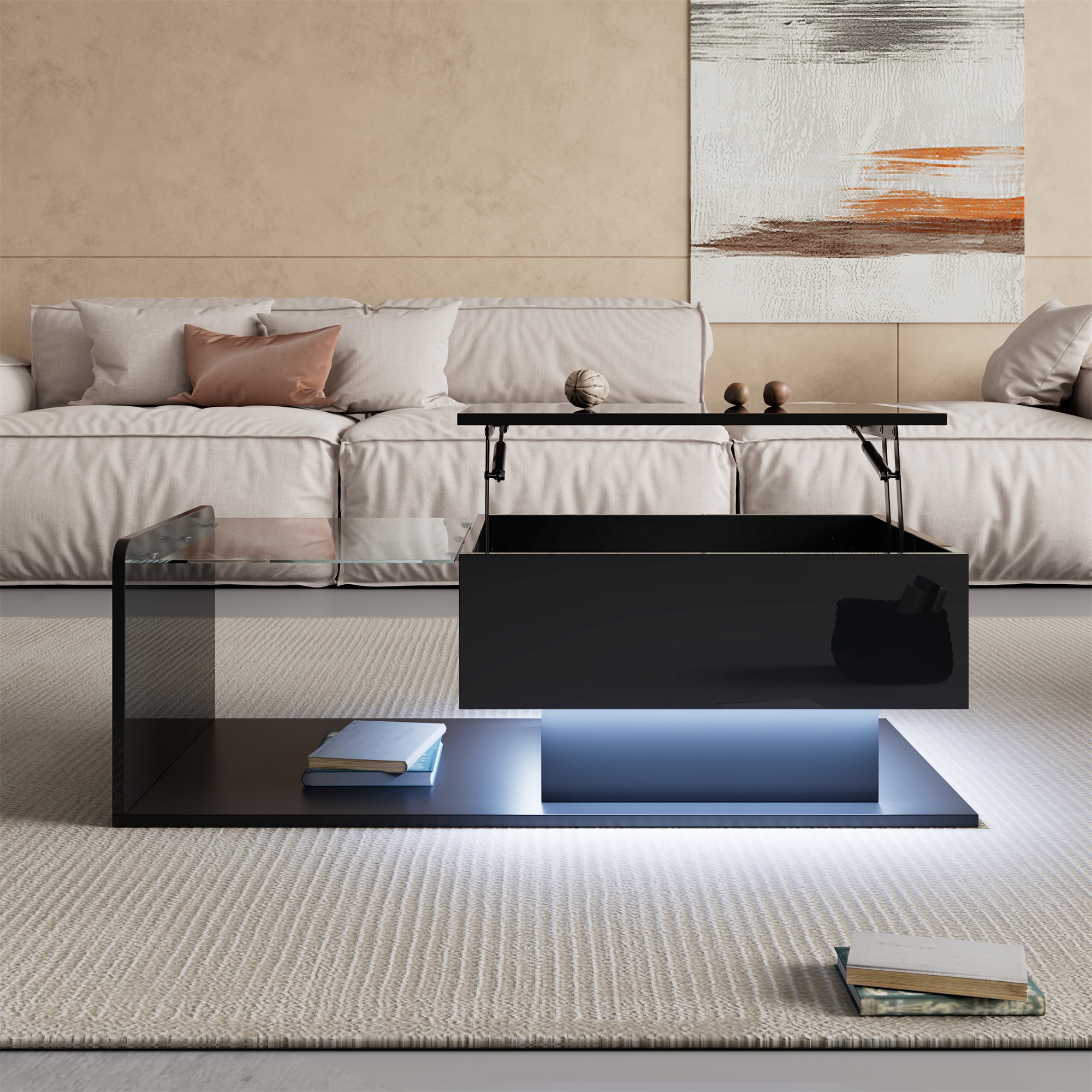 Noble House Table Basse Élévatrice Brillante, LED Contrôlé par Application et Hauteur Réglable avec Dessus en Verre et Rangement, Noir