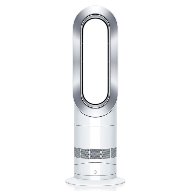 Dyson AM09 Hot + Cool Fan Heater with a bladeless silver oval loop atop a white cylindrical base with vent perforations and power button, using Air Multiplier technology for fast, even heating and powerful cooling, ideal for year-round use.