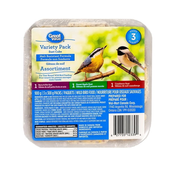 Great Value Wild Bird Food Suet Variety 3-Pack (Berry & Nut, Cranberry, Apple), 900g