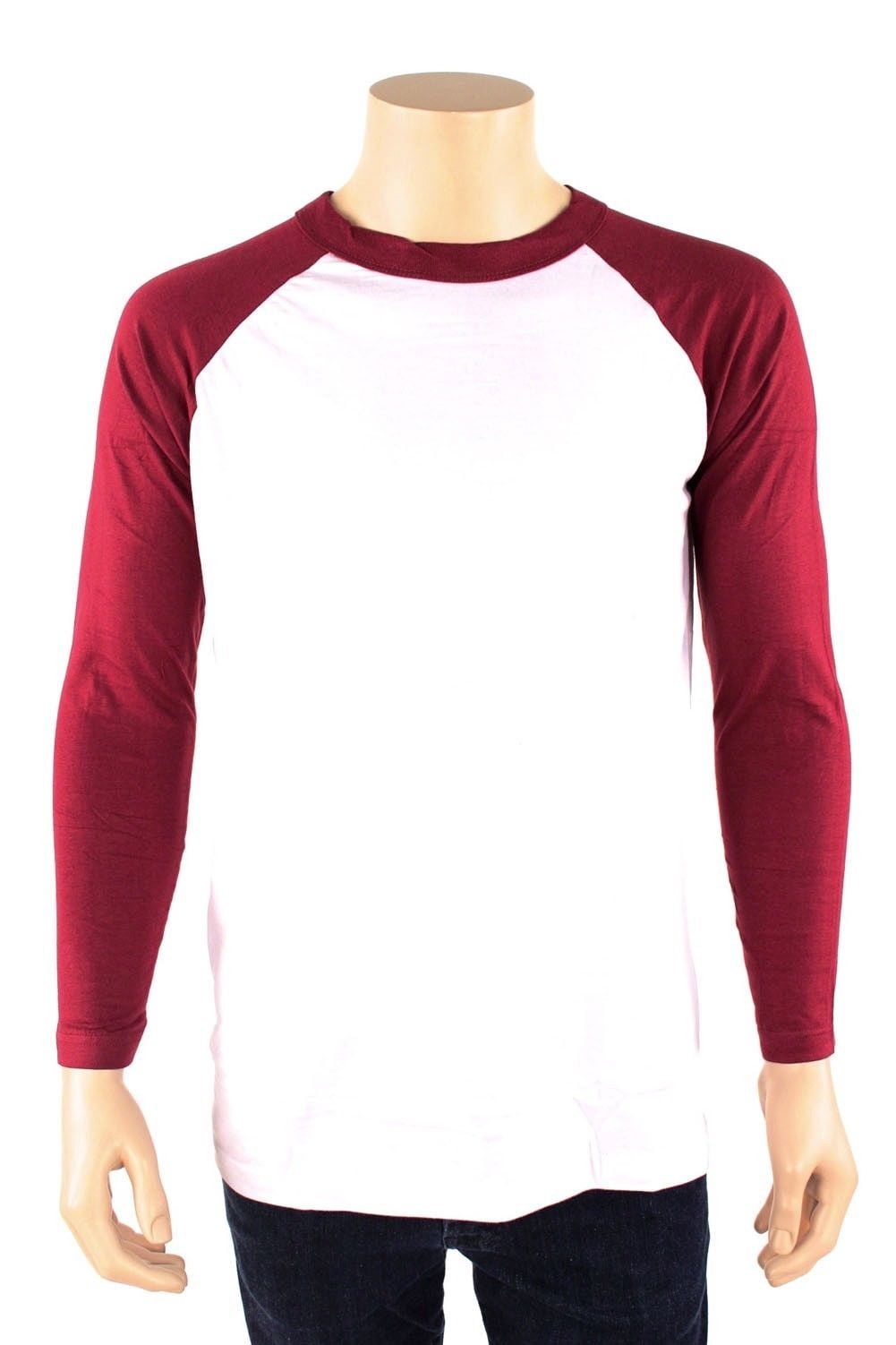 SLM Men's Long Sleeve Cotton Baseball Raglan Tee Shirt Jersey -White/Maroon-Large