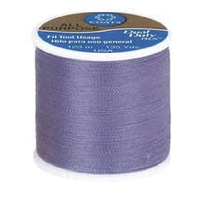 Coats & Clark All Purpose Polyester Thread spool in muted purple, close-up front view of 123-metre polyester covered polyester thread suitable for hand and machine sewing on knits, woven fabrics, and sewing notions.