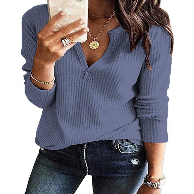Hauts Henley en Tricot Gaufré pour Femmes Manches Longues Col en V Chandail Décontracté TP-TG