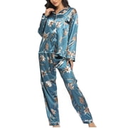Bigersell Silk Pajamas for Women Soft Comfy Pajama Sets Womens Silk Satin Pajamas Loungewear Floral Pattern Two-piece Sleepwear Button-Down Pjs Sets Pajamas Included Long Pants Blue S