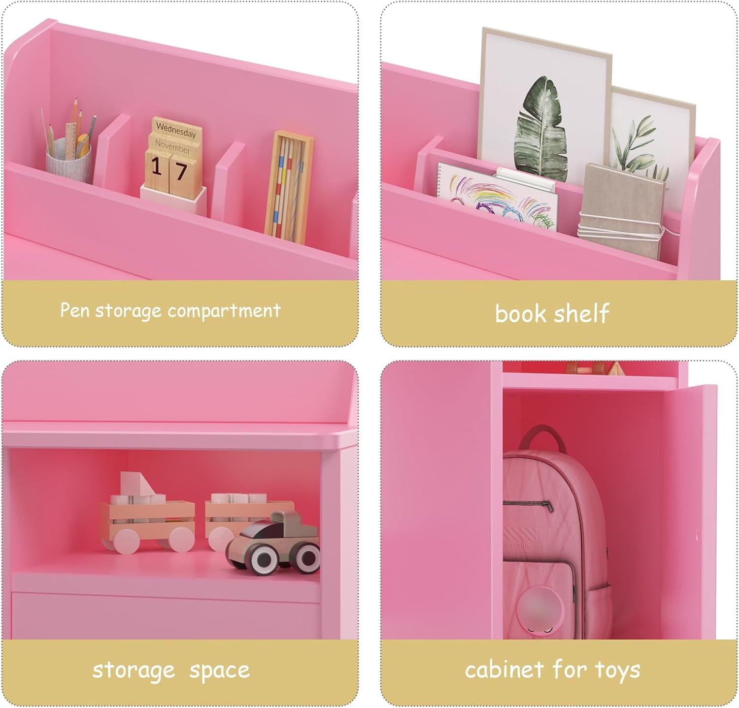 EastVita Desk and Chair Set for 3-12 Year Old,Wooden School Learning Table with Storage,Hutch and Bulletin Board,Computer Study Table with Chair,Small Desk for Home,School,Pink