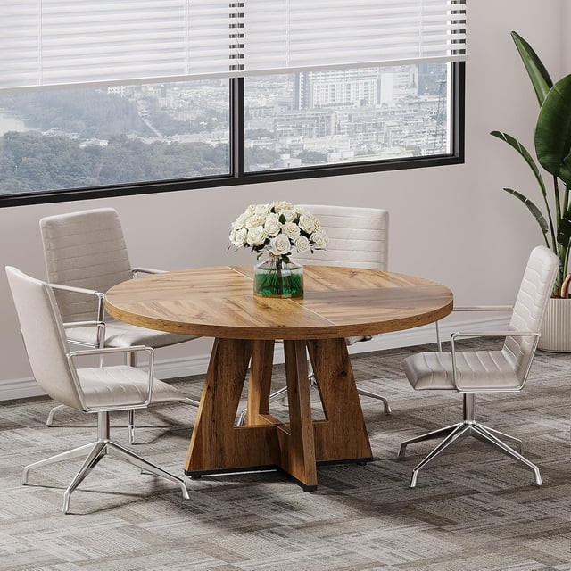 Tribesigns 47-Inch Round Wooden Conference Table for 4-6 People, Modern Meeting Room Table with Thick Tabletop, Wood Base, and Adjustable Foot Pads, Brown
