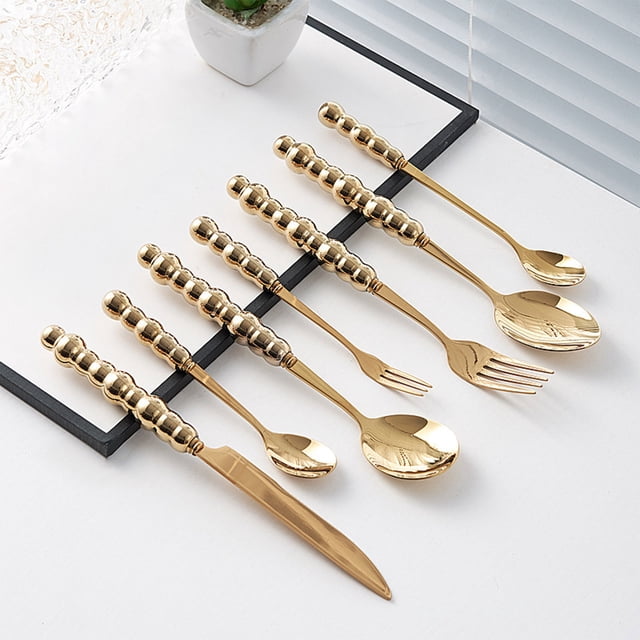 Birdeem 7Pcs Pearl Flatware Set, Silverware Set- Creative Stainless Steel Flatware Pearl Ceramic Handle Silverware Tableware for Kitchen Hotel Home Steak Knife Dessert Spoon Dishwasher,1 Set