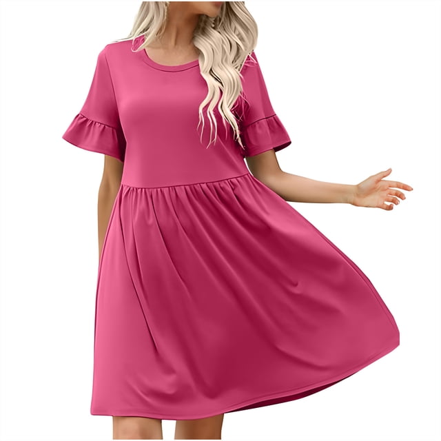 mtvxesu Robe d'Été, Robe pour Femme Printemps/été de Style Européen et Américain, Tenue de Bureau Décontractée, Couleur Unie, Manches à Volants, Col Rond, Robe à Manches Courtes, Col Rond, Longueur Genou