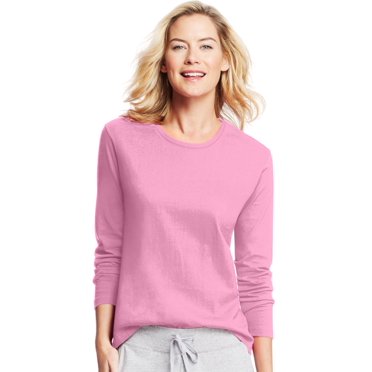 Hanes Women`s Long-Sleeve Crewneck T-Shirt, 2XL, Pink Swish