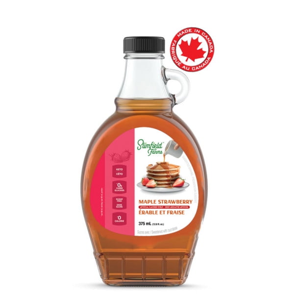 Slim Syrups - Sirop de Crêpes Sans Sucre à l'Érable et à la Fraise dans une Bouteille de 375 ml avec un design Transparent Mettant en Valeur la Couleur Ambre Syrup's. l'Étiquette Présente des Crêpes Garnies de Fraises et de Sirop, Ainsi Que des Détails Clés comme 0 Calorie, 0 Glucide, 0 Sucre et Compatible Céto. un Insigne « Fabriqué au Canada » Est visible. Convient comme Sirop de table pour Crêpes et Gaufres.