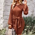 thumbnail image 2 of Robe Femme Col Rond Motif Froncé Élégante Longueur Moyenne Ceinture à la Taille Manches Longues Robe Enveloppante pour Rendez-Vous Marron P, 2 of 6