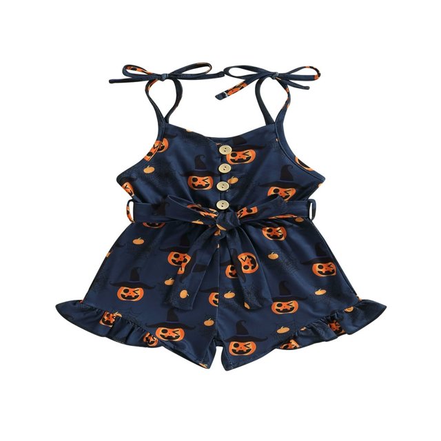 Bébé Halloween Filles Romper Sans Manches Citrouille Impression Shorts une Pièce Vêtements