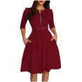 thumbnail image 4 of Ovzne Robes d'Été pour Femmes Robe pour Femme Robe d'Été Décontractée pour Femme Couleur Unie Ceinture Fermeture Éclair Robe à Manches Longues Robe pour Femmes à Manches Longues Liquidation, 4 of 7