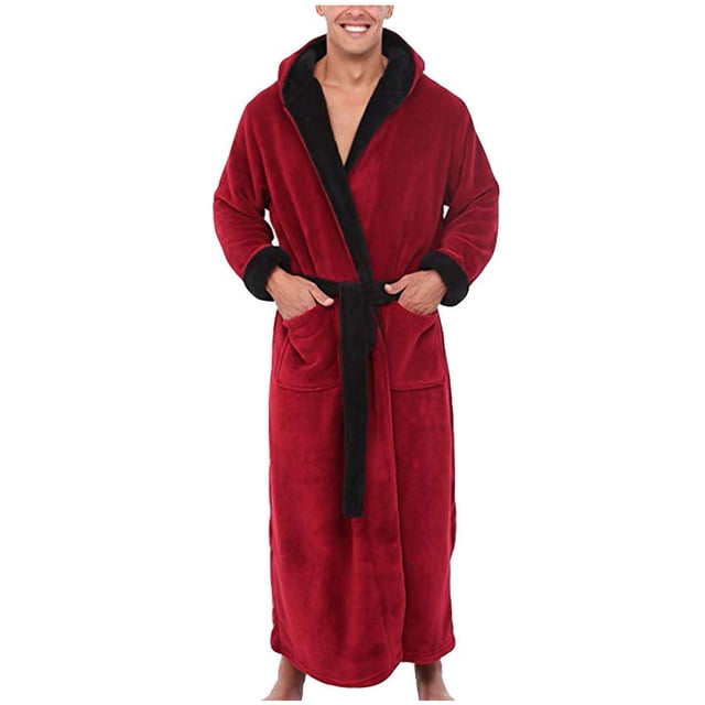 LNWUY (P-5TG) Grande Taille Peignoir en Molleton pour Homme Grande Taille avec Capuchon, Peignoir en Peluche Pleine Longueur à Blocs de Couleur Robe de Nuit avec Poches Rouge G