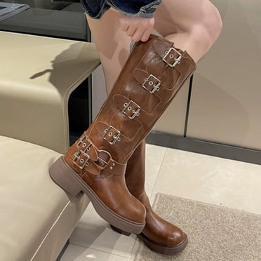 Jienlioq Womens Cowboy Boots Women Mid Heel Shoes Belt Buckle Knee High Retro Cowboy Rider Punk Black Friday Deal