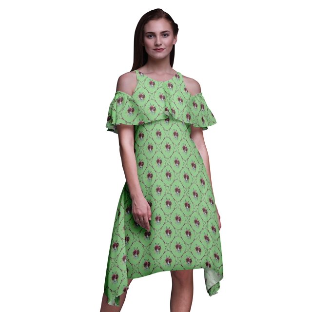 Bimba Green Geometric Printed Womens Ruffle Front Cold Shoulder Swing Shift Dress - XX-Large