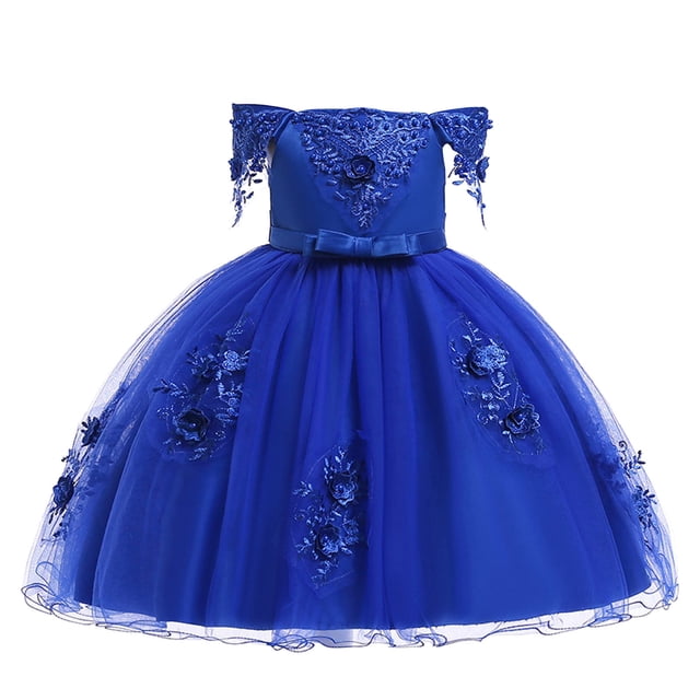 Penkiiy Toddler Girls Net Yarn Mesh Bow Ruffles Birthday Party Gown Long Dresses 8-9 Years Blue