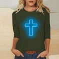thumbnail image 2 of RKSTN Hauts pour Femmes Mode Décontractée Imprimé Crucifix Col Rond Manches 3/4 T-Shirt Couleur Unie Ajusté Blouse Printemps Été, 2 of 4