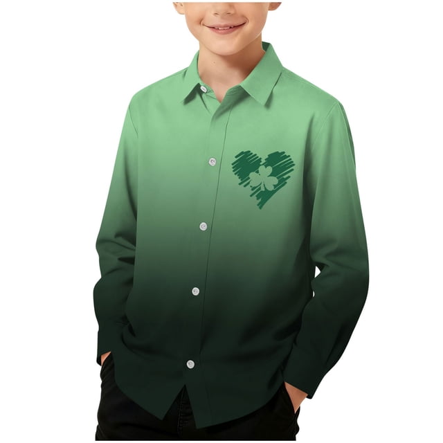 RXMEKW Chemise à Manches Longues Imprimée de la Saint-Patrick pour Garçons avec Col Rabattu, 95 % Coton 5 % Élasthanne, Vert