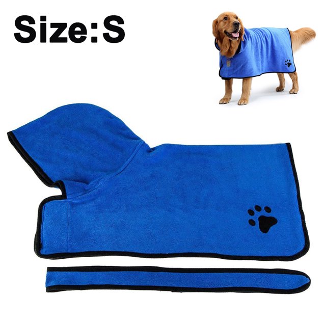 Dog Bathrobe Soft Super Absorbent Microfiber Dog Drying Towel Robe with Hood/Belt for Large, Medium, Small Dogs. The image shows a blue microfiber dog bathrobe in size S, featuring a hood, a black trim, and a paw print design. The bathrobe includes a matching belt for adjustable fit. A golden retriever is shown wearing the bathrobe in the background.