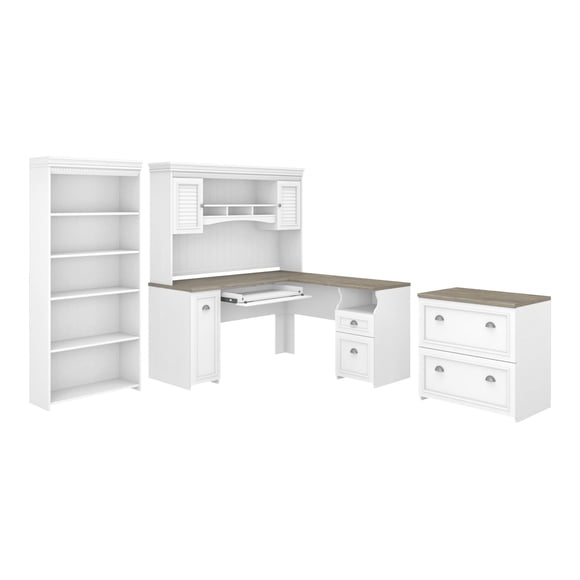 Bush Furniture Fairview L Shaped Desk with Hutch, Lateral File Cabinet and 5 Shelf Bookcase, 60W, Shiplap Gray/Pure White