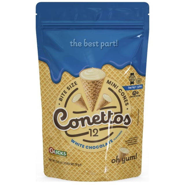 Glick's Conettos White Chocolate 70g package of bite-size mini cones with white chocolate flavor on a waffle pattern background, ideal as cones for ice cream toppings or snacks.