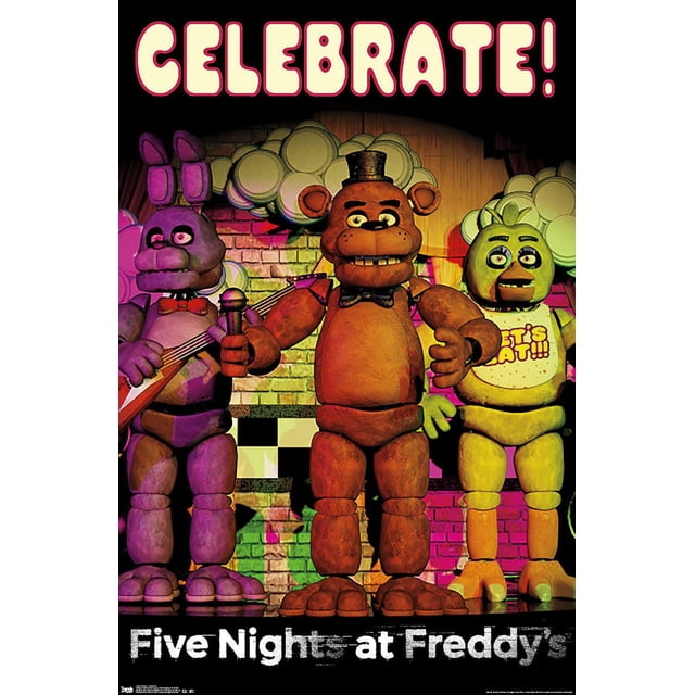 Five Nights at Freddy's - Affiche Murale de Célébration Mettant en Vedette des Personnages Animatroniques Freddy Fazbear Bruns avec un Haut-de-Forme Noir et un Nœud Papillon Tenant un microphone, Bonnie Violette avec un Nœud Papillon Rouge Jouant de la Guitare, et Chica Jaune Portant une Bavette Blanche avec Texte « Mangeons!!! », le Tout Debout contre un Fond de Mur de Briques Coloré avec des Ballons Blancs et un Grand Texte « Célébrer! » Crème Présenté en Rose au-Dessus, Idéal pour la Déco
