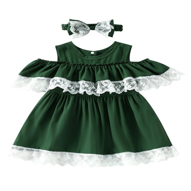 2 Pcs Infant Floral Lace Outfits Girls Cold Shoulder Contrast Color Neck Dress + Bow Headband