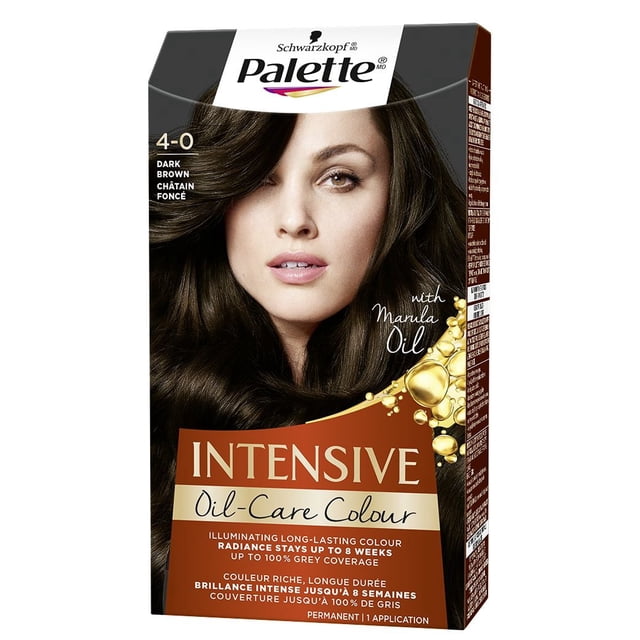 Palette Intensive Oil Care Colour 4-0 Dark Brown hair dye box by Schwarzkopf with marula oil, providing illuminating, long-lasting colour and radiance that lasts up to 8 weeks with up to 100% grey coverage, permanent formula for one application.