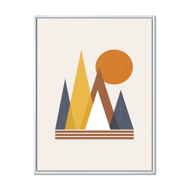 Designart Cadre Mural Flottant Abstrait de Montagne et Soleil ART Montrant des Montagnes Géométriques Abstraites en orange, Jaune, Brun, Blanc et Bleu Foncé avec un Soleil orange, Imprimé sur Toile de Coton de Qualité Supérieure et Enveloppé dans un Cadre Flottant Blanc, Prêt à Accrocher.
