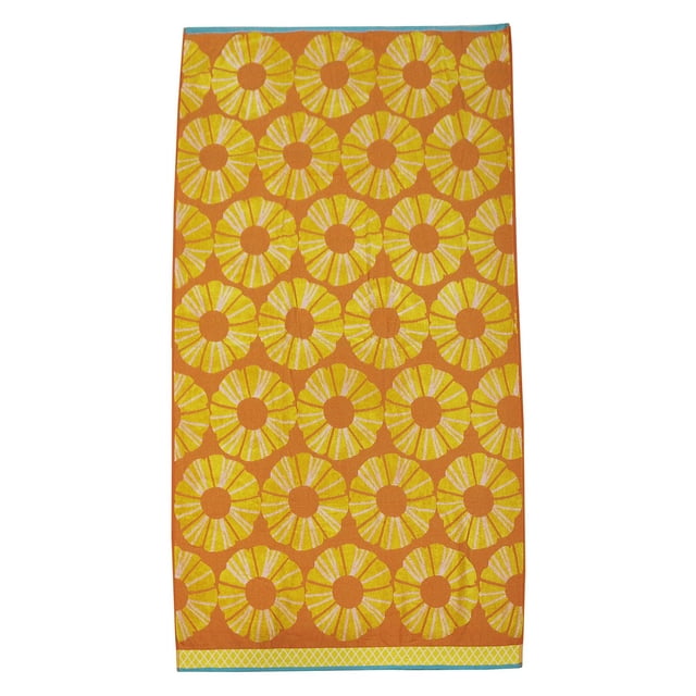 Hometrends Reversible Beach Towel with an orange background and repeating yellow and white circular floral patterns, made of 100% cotton jacquard, measuring 38 by 72 inches, soft and absorbent with a hanging loop, suitable for beach use and wrapping around when cool.