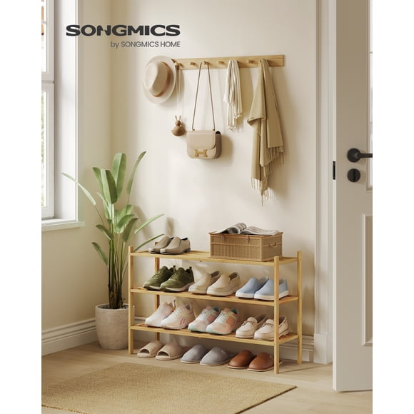 SONGMICS Bamboo Shoe Rack for Closet, Stackable Shoe Oragnizer, Space-Saving Freestanding Shelf, 3-Tier, Holds 12-16 Pairs, Natural Colour