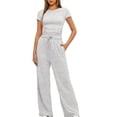 thumbnail image 2 of Birdeem Ensemble 2 Pcs Femme Mode Col Rond Uni Blouse à Manches Courtes + Pantalon Long Taille Élastique, 2 of 12