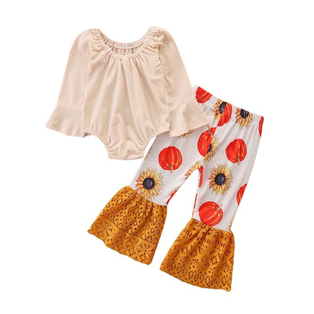 goowrom Bébé Fille Halloween Ensemble Imprimé Tournesol Citrouille