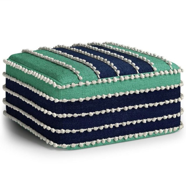 Simpli Home Garbo Boho Pouf Carré Tissé en Aqua, Marine et Blanc