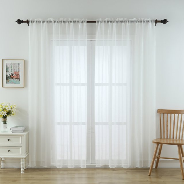 Goory Fenêtre Rideau Tige Poche Rideaux Panneau Long Voile Transparent Traitements Lin Moderne Texturé Couleur Unie Décoration à la Maison Blanc W: 52 "x H: 45"
