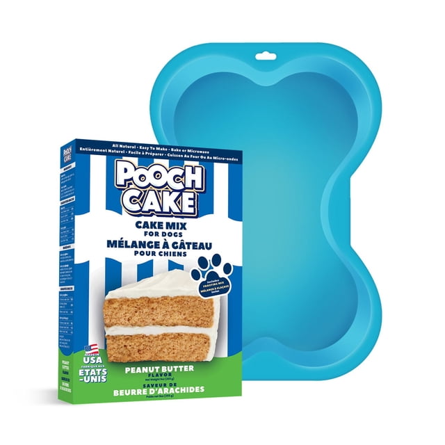 Pooch Cake Basic Starter Pack - Peanut Butter Cake Mix with a blue bone-shaped silicone baking mold and a box of all-natural peanut butter flavored dog cake mix including frosting, designed for easy baking or microwaving dog birthday treats.