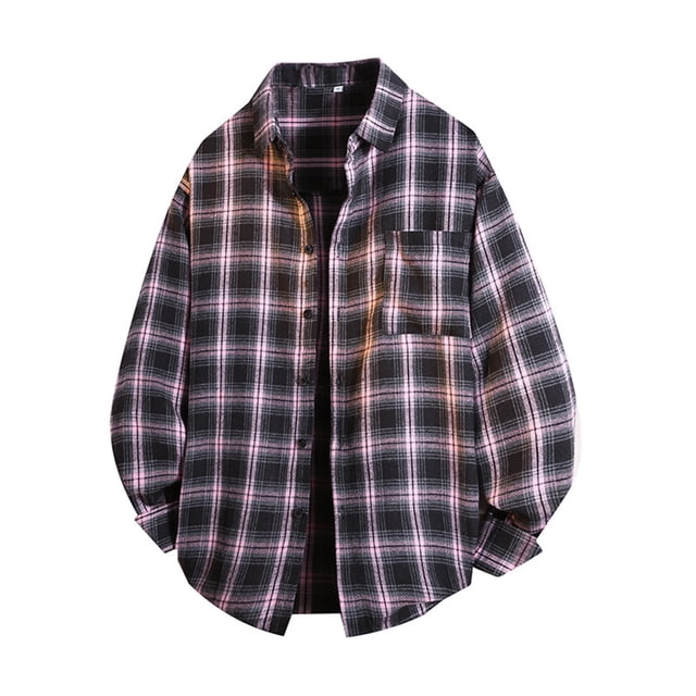 MeetoTime Long Sleeve Checked Shirts for Men Plaid Printed Lapel Button-Down Shirt Jacket