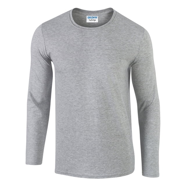 Gildan Mens Soft Style Long Sleeve T-Shirt in a plain light grey colour. Made from 100% ringspun cotton with a soft fabric finish, this classic-fit shirt features a crew neckline with a ribbed collar, taped shoulders, and seamless side seams. Designed with long sleeves and twin needle stitching on the collar and hem for durability. Certified sustainable through initiatives like the Better Cotton Initiative and Oeko-Tex Standard 100.