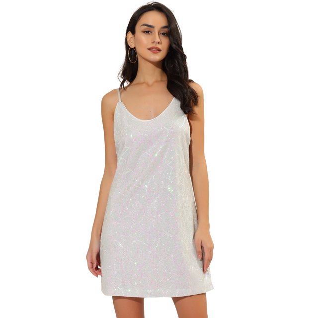 INSPIRE CHIC Robe d'Halloween pour Femme Paillettes Scintillantes Col en V Bretelles Ajustables Robe de Bal Courte Argent-Blanc Rose P