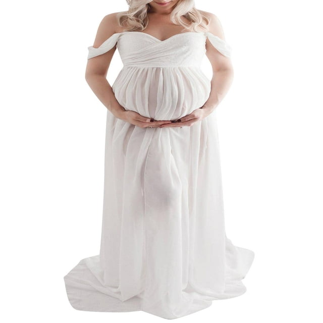 Robe de Maternité pour Photographie Couleur Unie Épaules Dénudées Robe en Chiffon Fendue devant Longue Robe de Grossesse