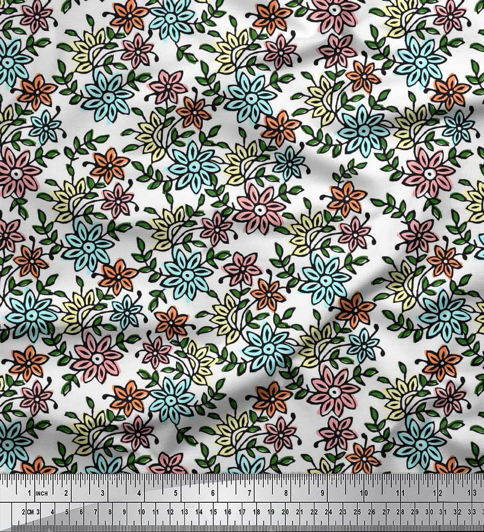 Soimoi Rayon Fabric Leaves & Floral Block Printed Fabric 1 Yard 42 Inch Wide