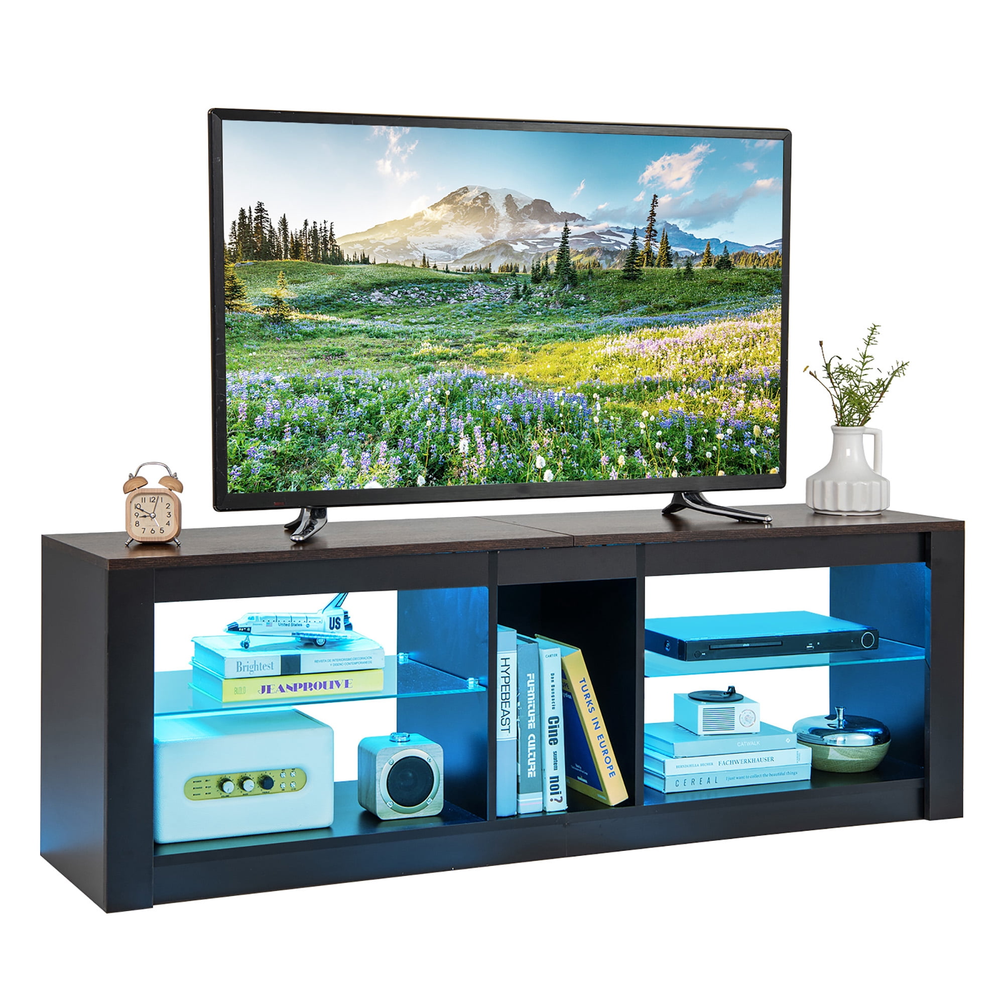 Gymax Support TV avec lumière LED pour téléviseurs jusqu'à 65 po avec étagères en verre trempé ajustables